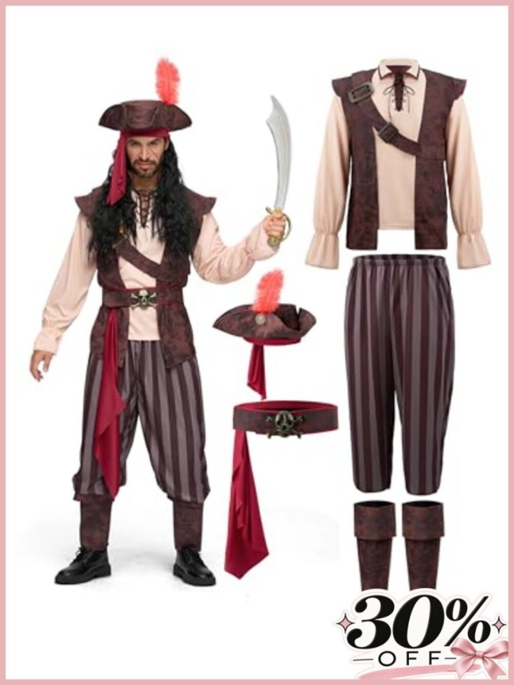Mens Caribbean Pirate Costume Adult Halloween Sea Captain 7-Piece Set